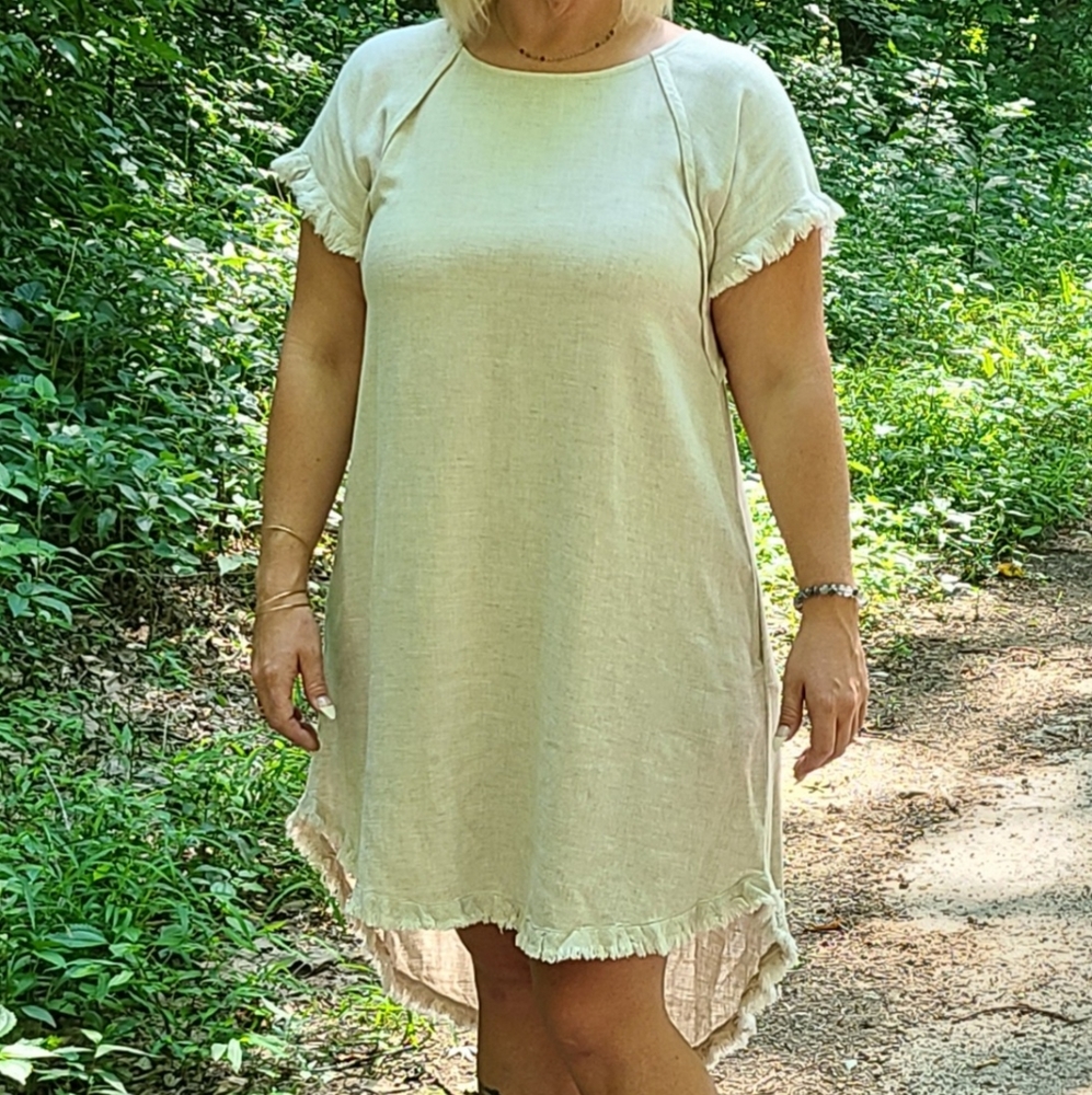Umgee Oatmeal High Low Linen Dress with Fringe Hem - Picture 2 of 13